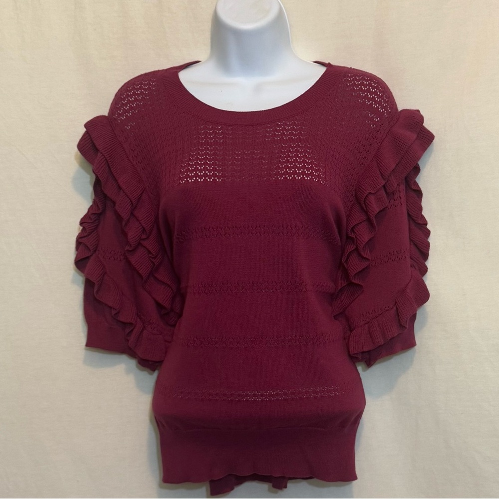B-178 Calligraphie Pink Ruffled Short Sleeve Pullover Sweater Size XL